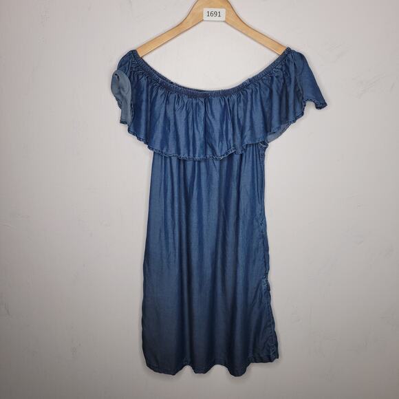 Tommy Bahama Women’s Chambray Off-The-Shoulder Ruffle Top Shift Dress Size M - Picture 1 of 9